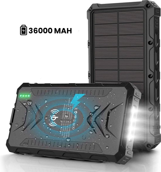 Homèlle solar Powerbank 36.000mAh - iPhone & Samsung - Solar Charger - Zonneenergie - USB C - 2x USB - Micro USB - Wireless Charger - Zwart - Snellaadfunctie - Noodpakket denk vooruit